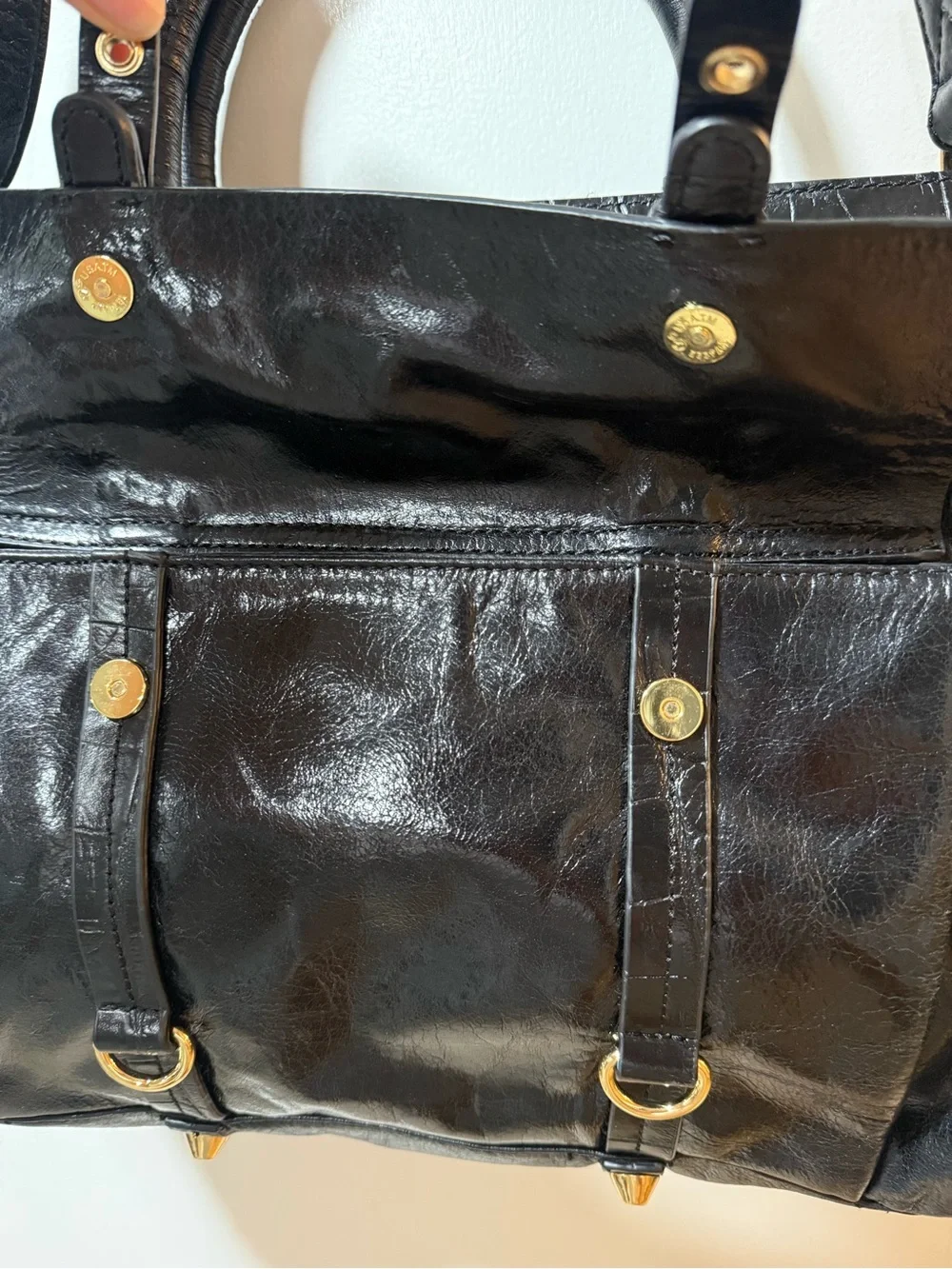 Black Leather Structured Satchel Handbag